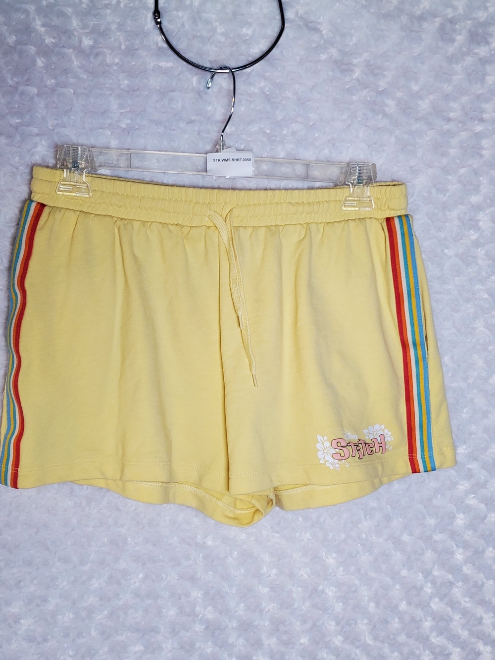 Disney Yellow Athletic Shorts with Rainbow Side Stripes Size L (12-14)